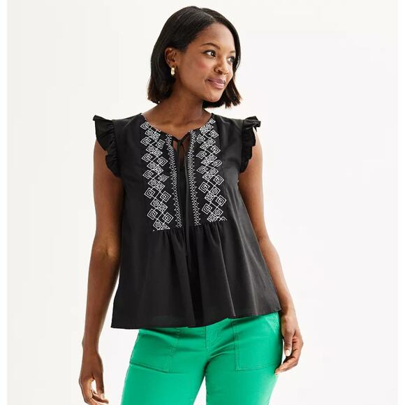 Draper James Geometric Embroidery‎ Relaxed Flutter Sleeve Top Women Sz XXL Black - Picture 1 of 5